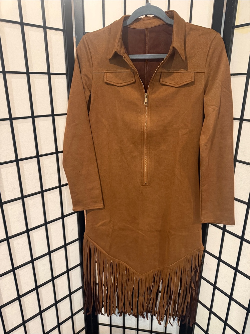 Brown Fringe Suede-Look Women’s Mid dress 
with Zip